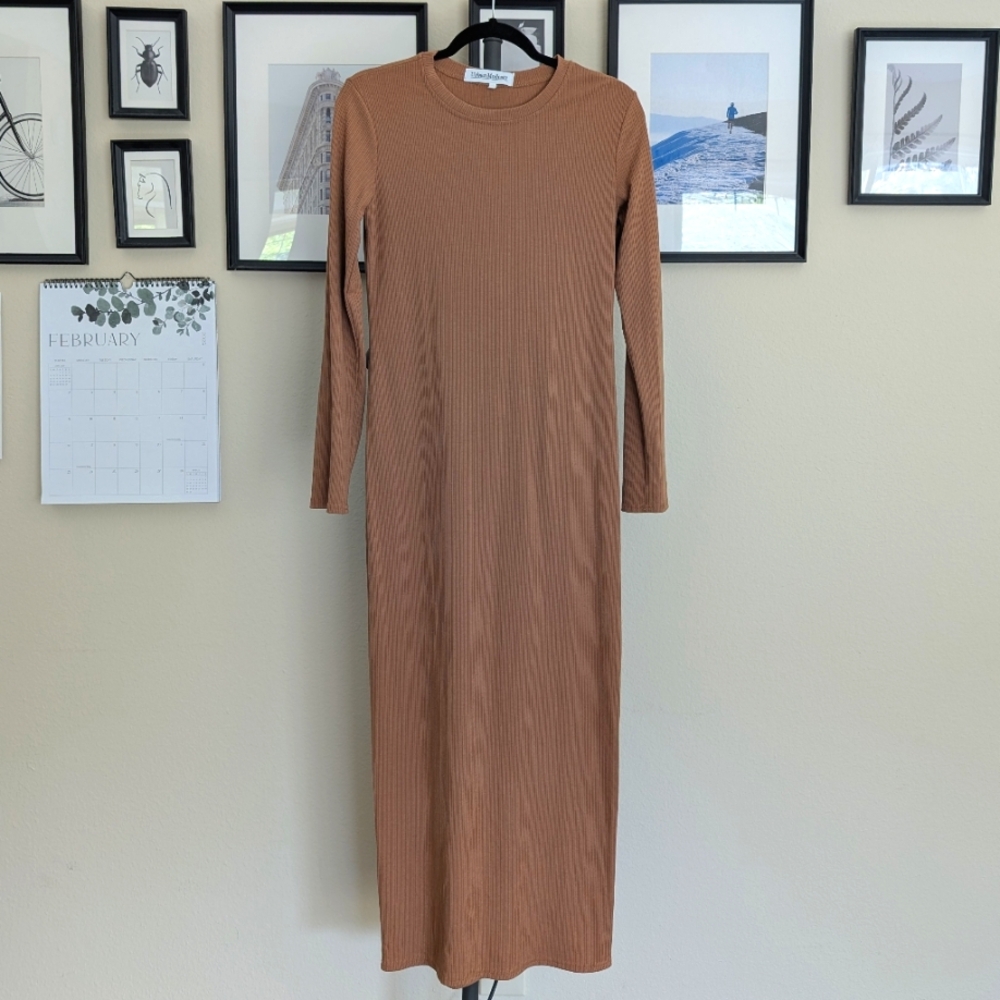 Brown Long Sleeve maxi ribbed dress Urban Modesty